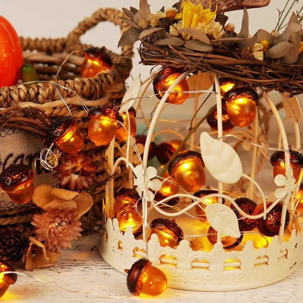 Acorn shaped string lights arranged in a tabletop display