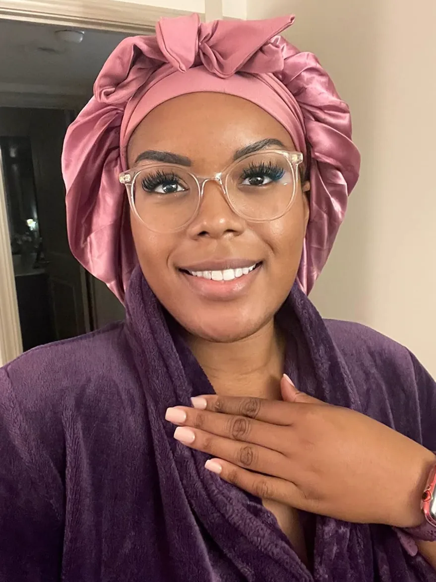 Mauve adjustable satin hair bonnet for sleeping