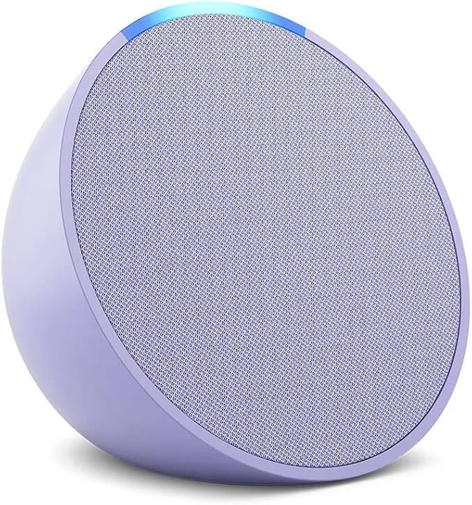Lavender Amazon Echo Pop smart speaker with a fabric front