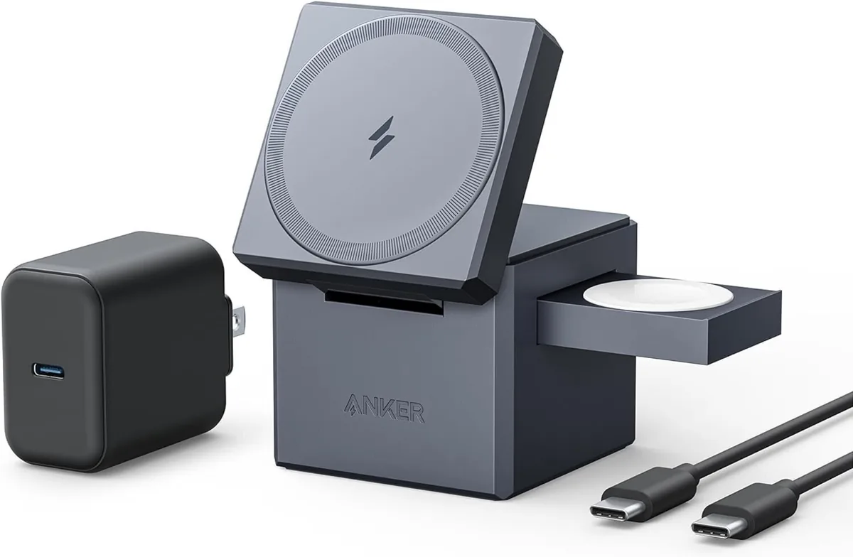 Anker cube-shaped MagSafe charging station with slide-out watch charger and wall adapter