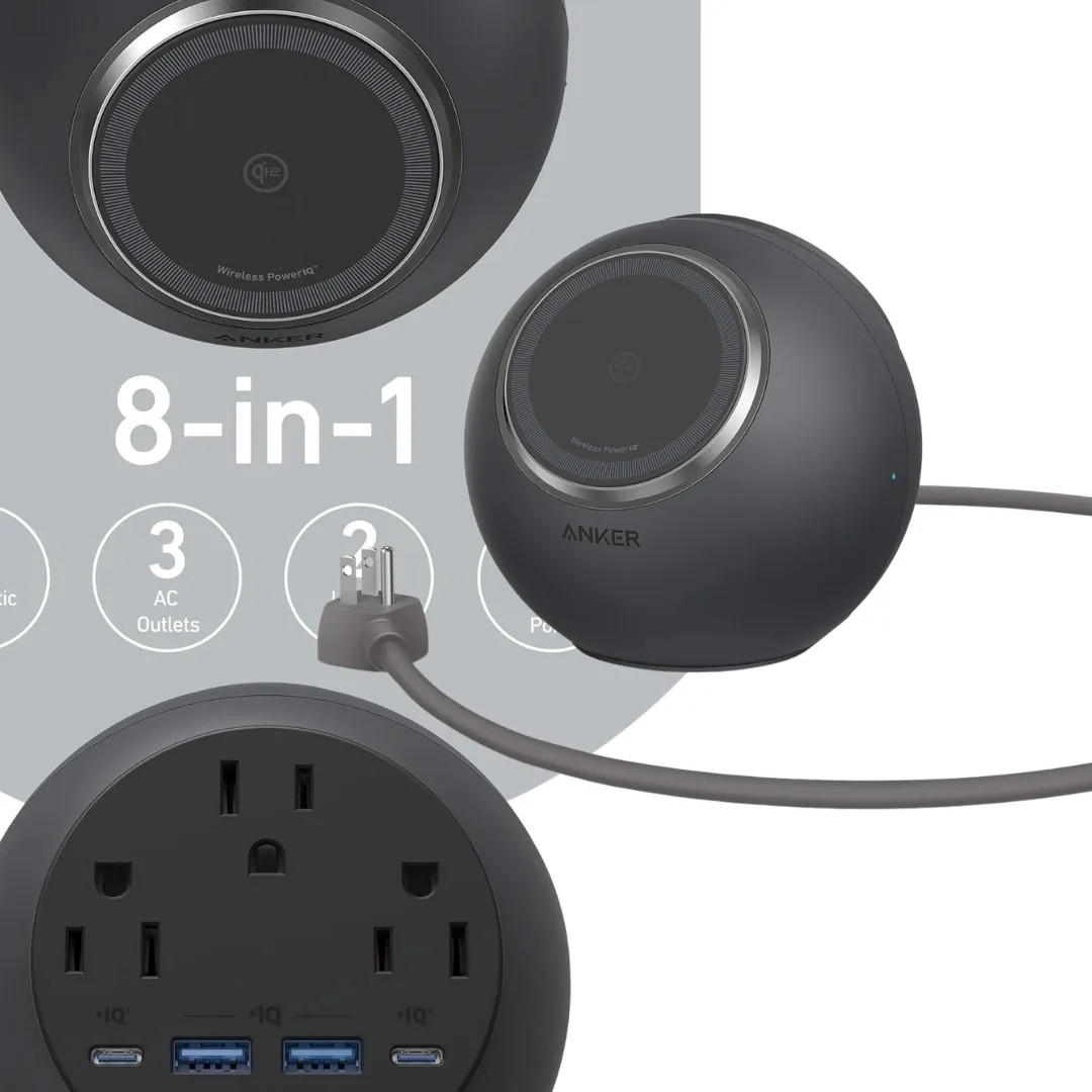 Anker spherical charging station with a wireless pad on top and outlets and USB ports on the back