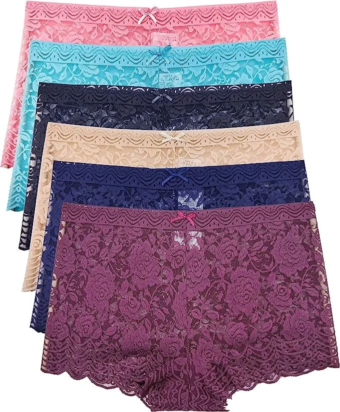 Stack of lace boyshort panties in pink, aqua, navy, nude and plum