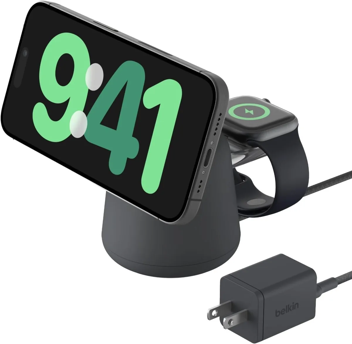 Black Belkin two-in-one MagSafe dock charging an iPhone and Apple Watch