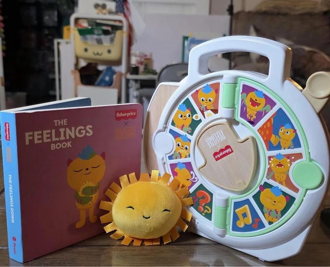 Calm down kit with a feelings book, sun plush and feelings wheel toy