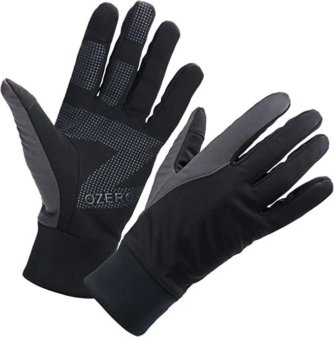 Pair of black and grey windproof touchscreen gloves with grippy palms