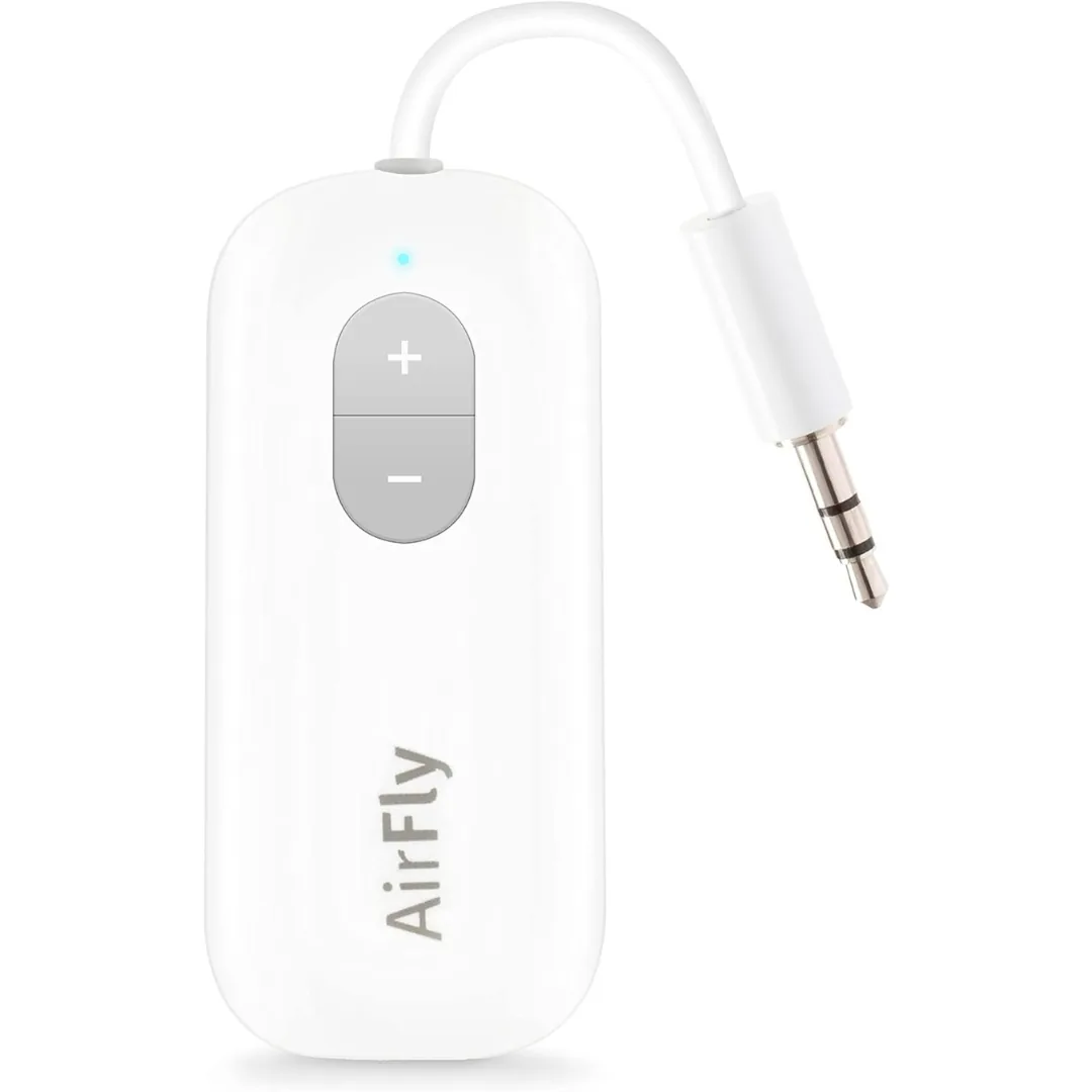 Wireless audio transmitter with a headphone jack plug for in-flight screens