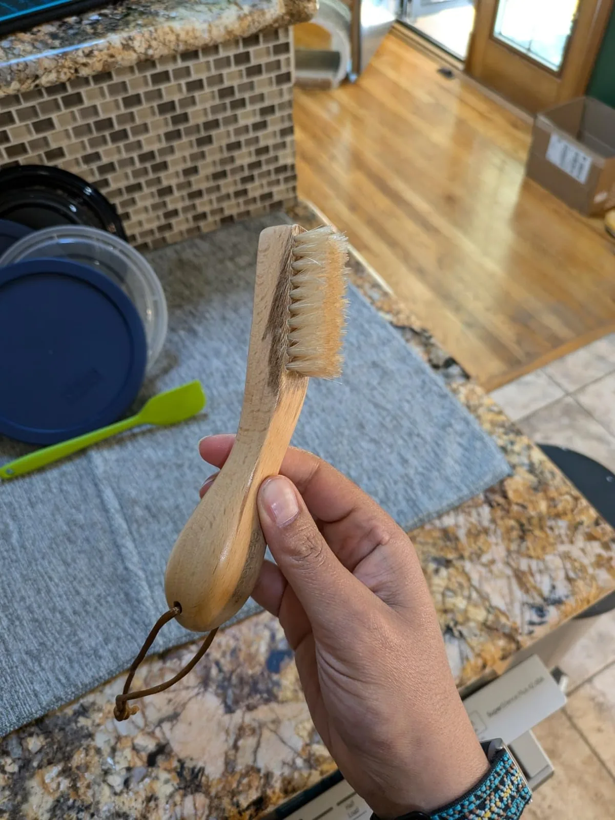 Laundry stain brush with natural boar bristles