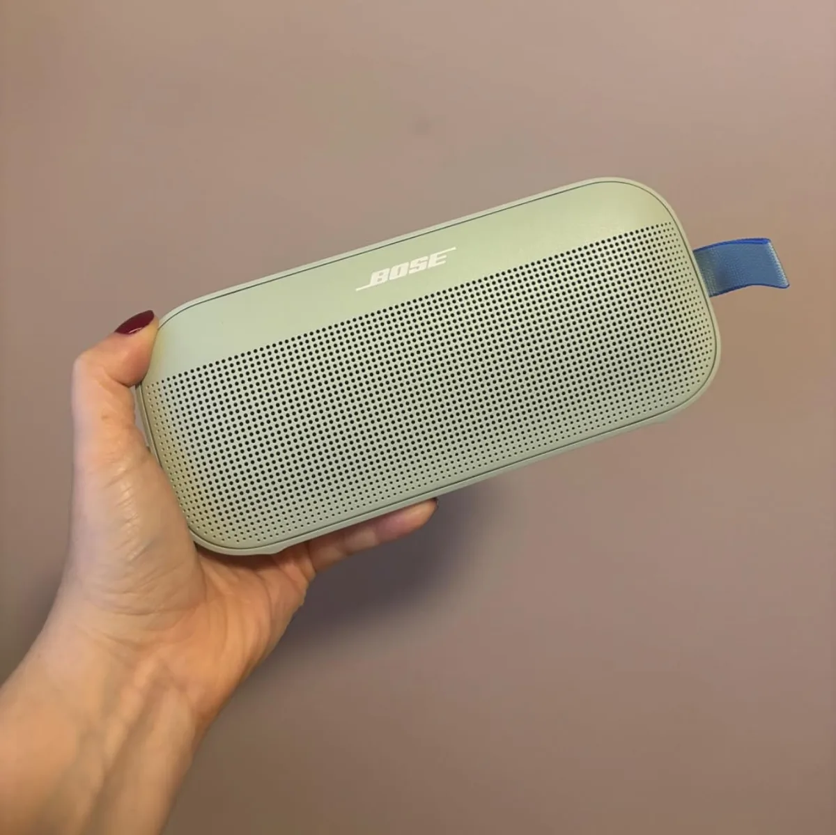 Hand holding a sage Bose SoundLink Flex portable speaker with a blue strap