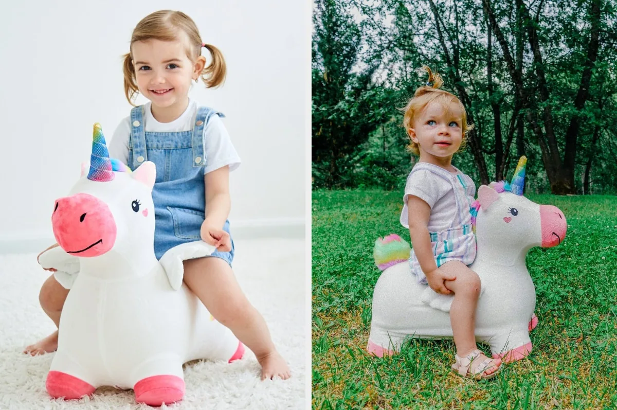 Child riding a plush unicorn hopping toy indoors