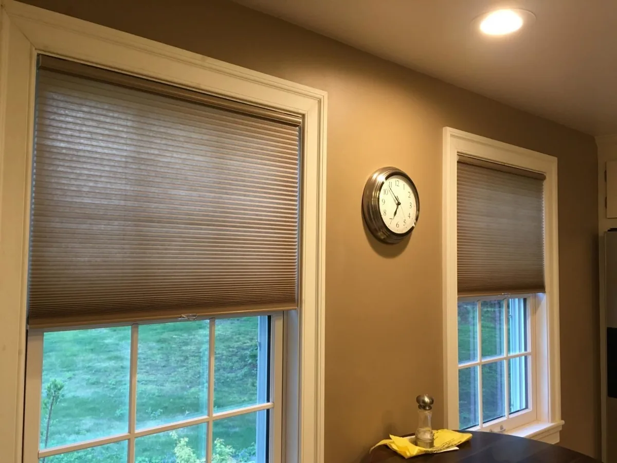 Cordless honeycomb light-filtering shades half lowered on two windows
