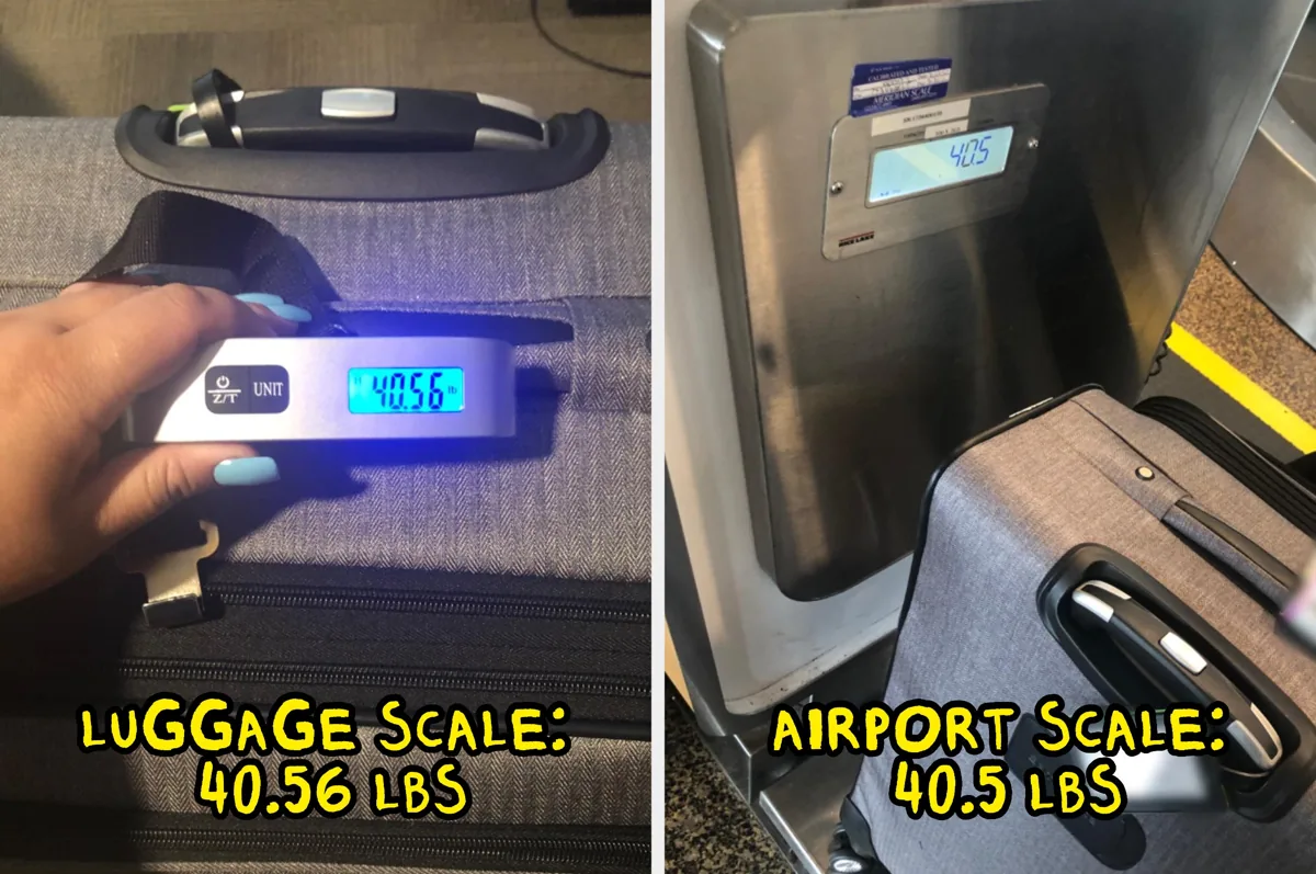 Digital luggage scale showing a suitcase weight that matches the airport scale