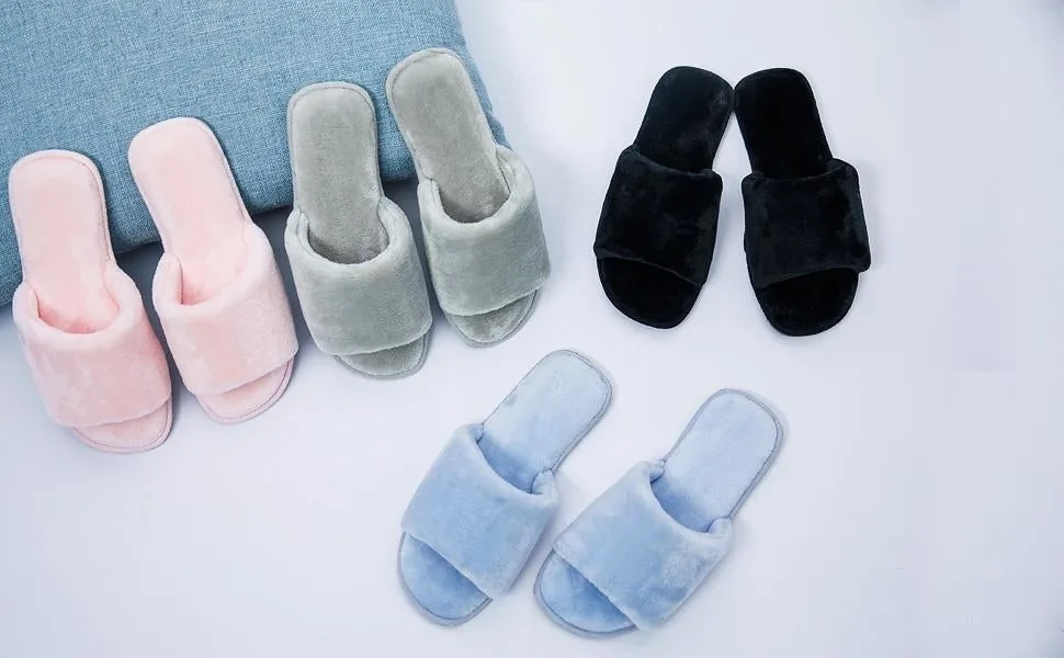 Plush open-toe slide slippers in light pink, gray, black and light blue