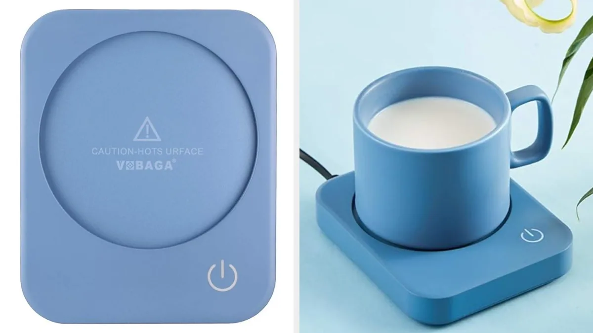 Electric mug warmer plate with a coffee mug resting on it