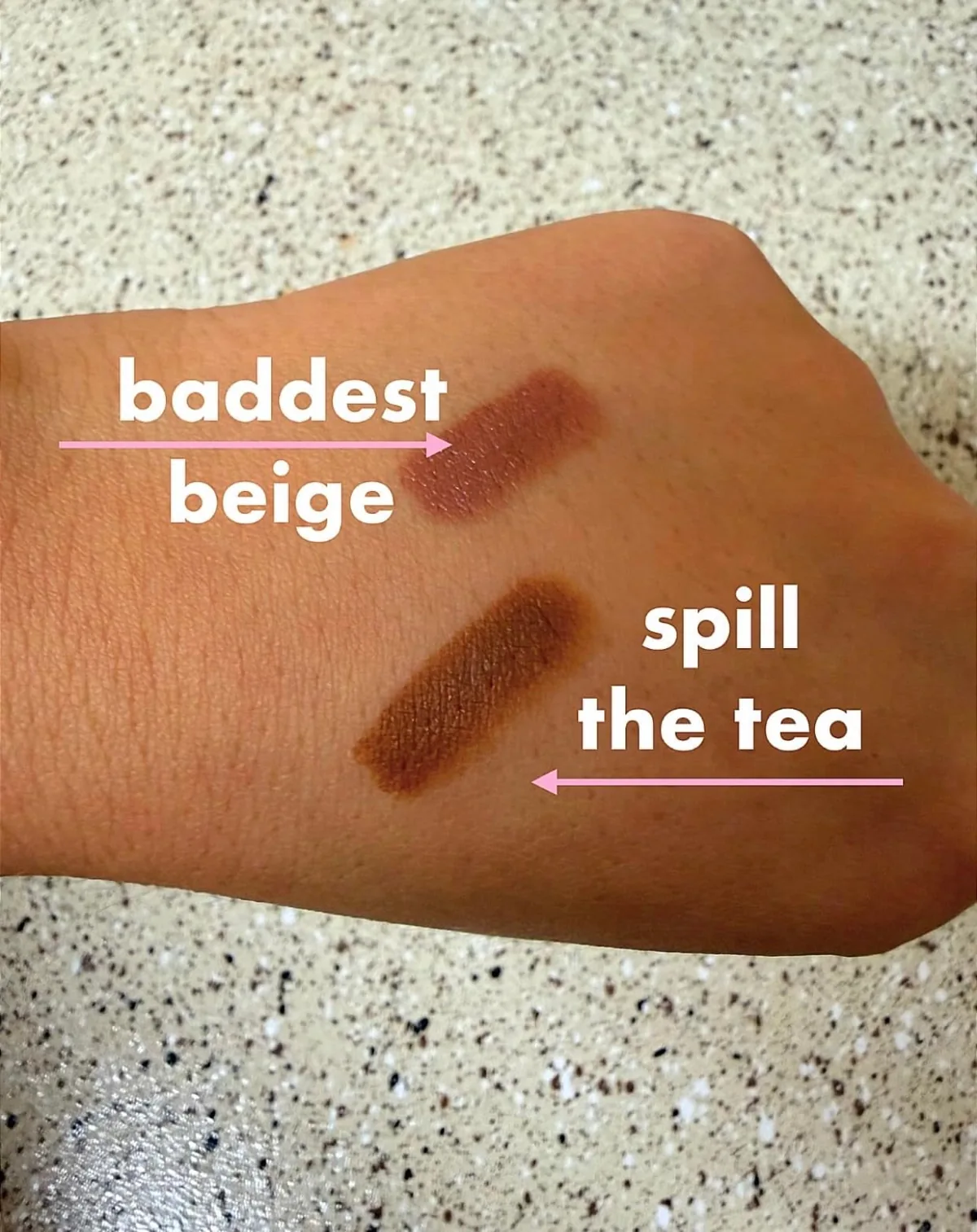 Two e.l.f. Cream Glide lip liner swatches in neutral shades on a hand