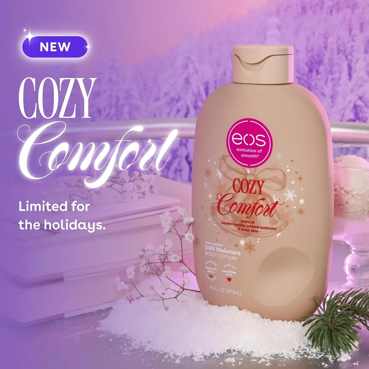Bottle of eos Cozy Comfort limited holiday body lotion