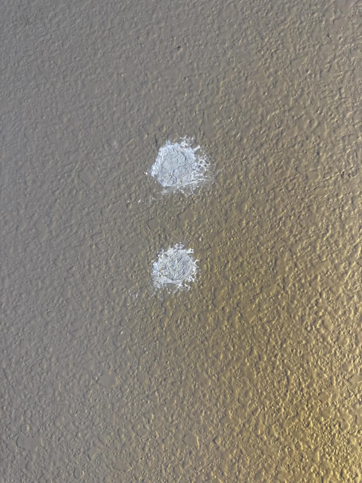 Nail holes on a textured wall filled with white wall repair putty