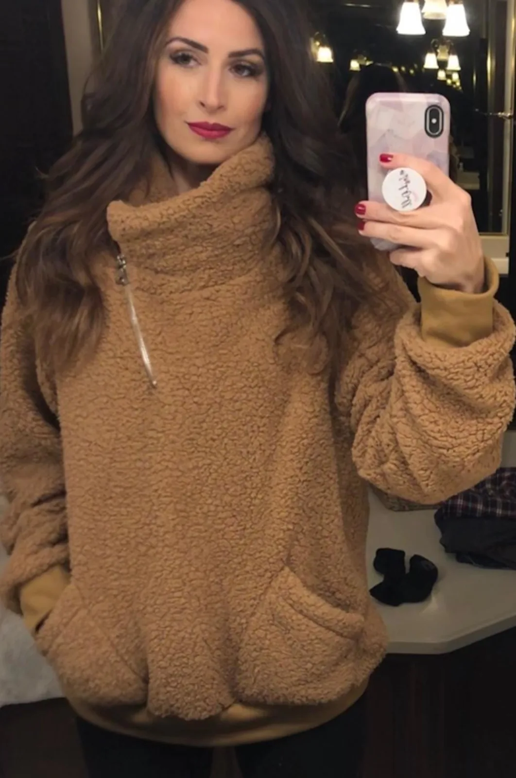 Khaki faux shearling quarter-zip pullover with a lapel collar