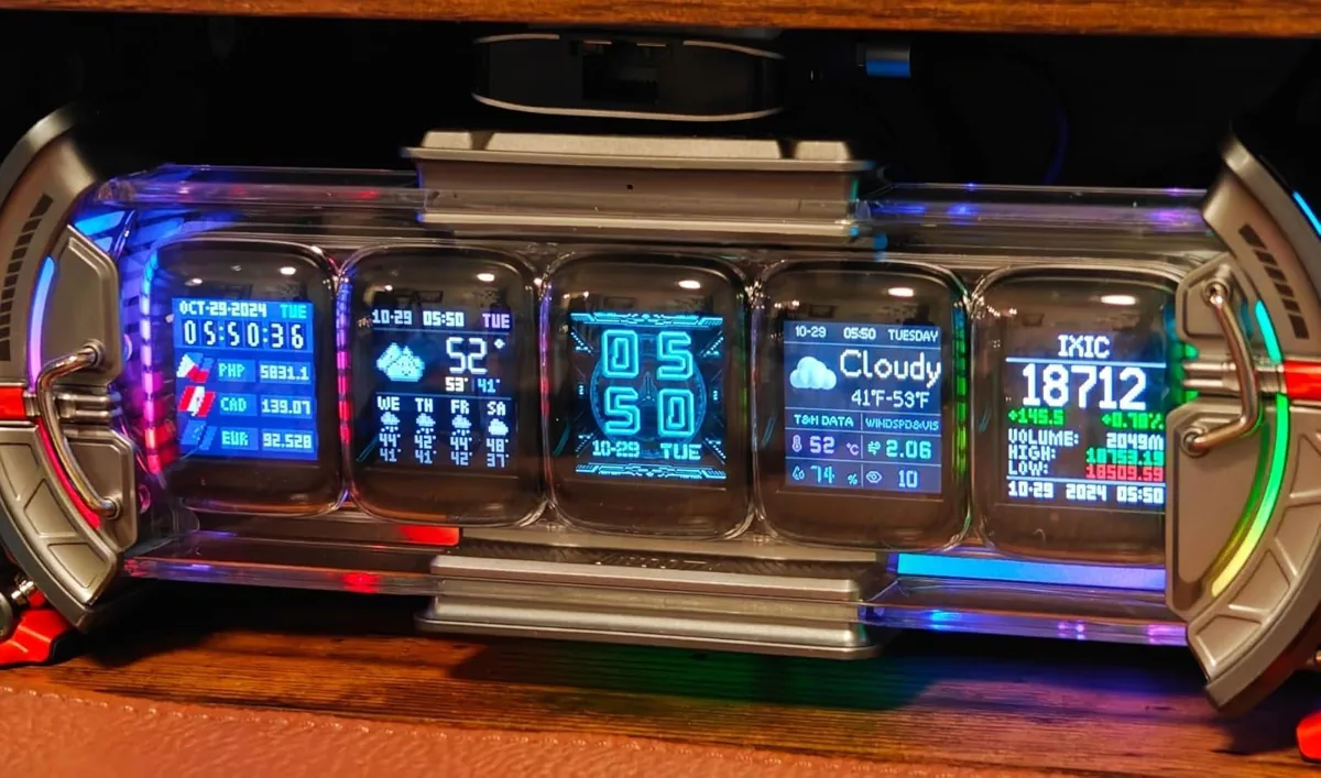 Pixel display clock with a row of glowing screens showing time and weather on a desk