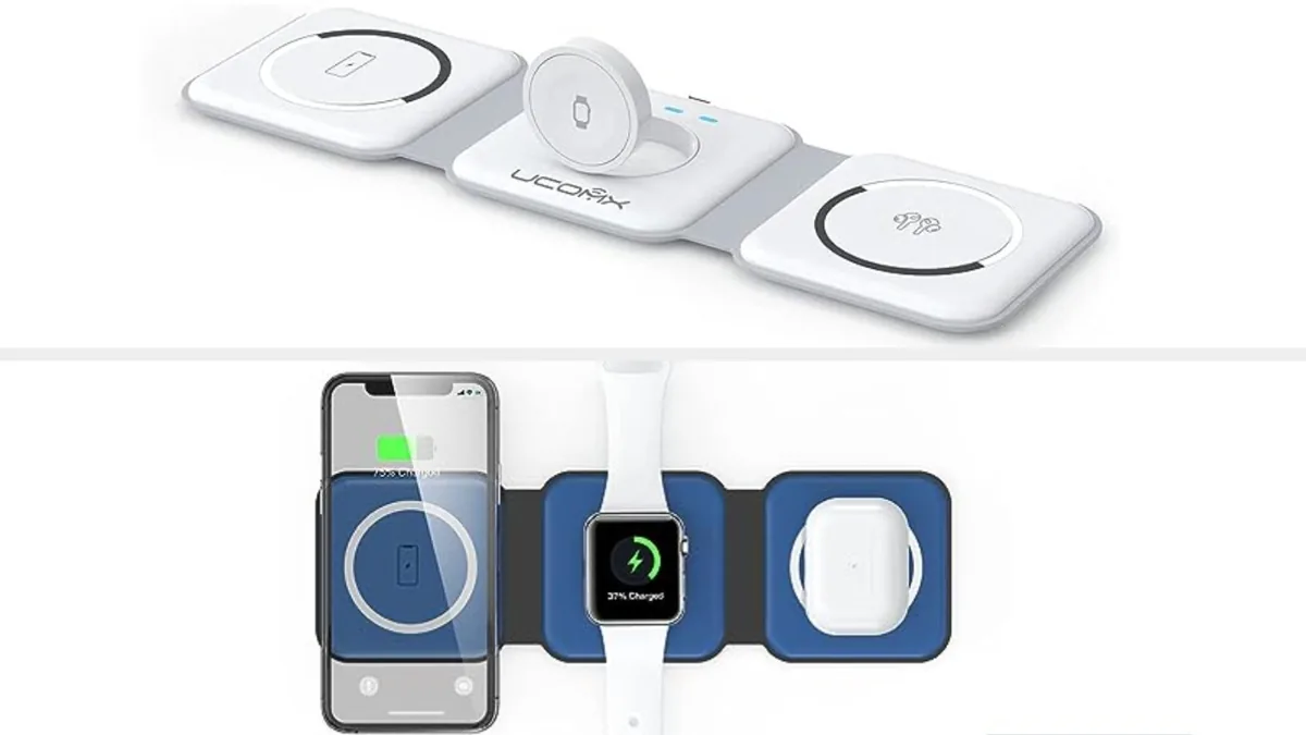 Foldable three-in-one wireless charging pad shown folded and open with iPhone, watch and earbuds