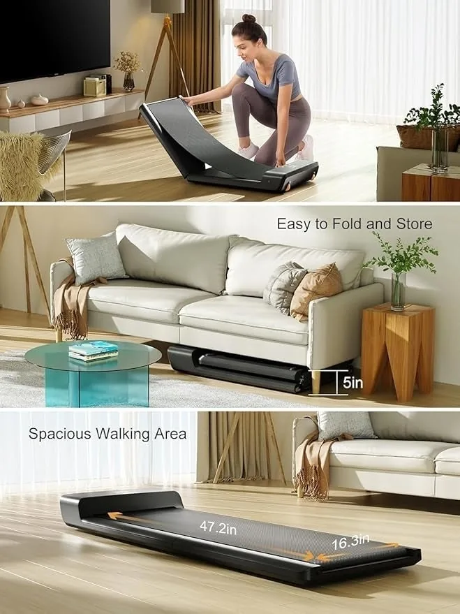 Foldable walking pad being folded in half for storage