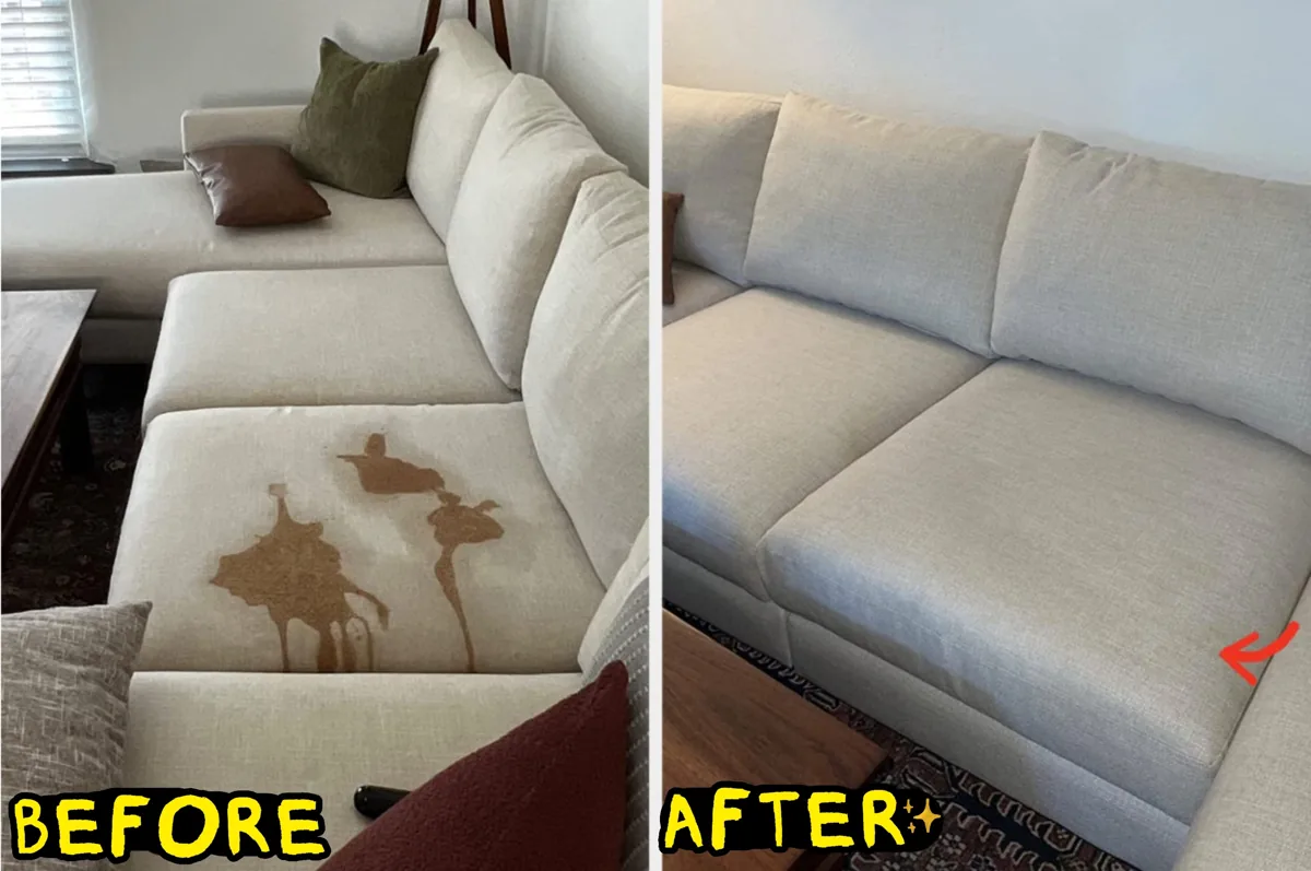 Before and after of a brown-stained fabric couch cleaned with Folex spot remover