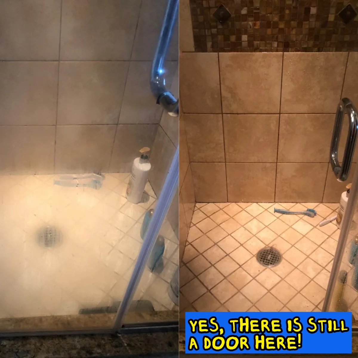 Foggy glass shower door next to the same door wiped clear with shower door cleaner