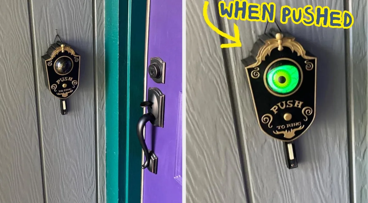 Haunted Halloween doorbell beside a front door with a glowing green eye