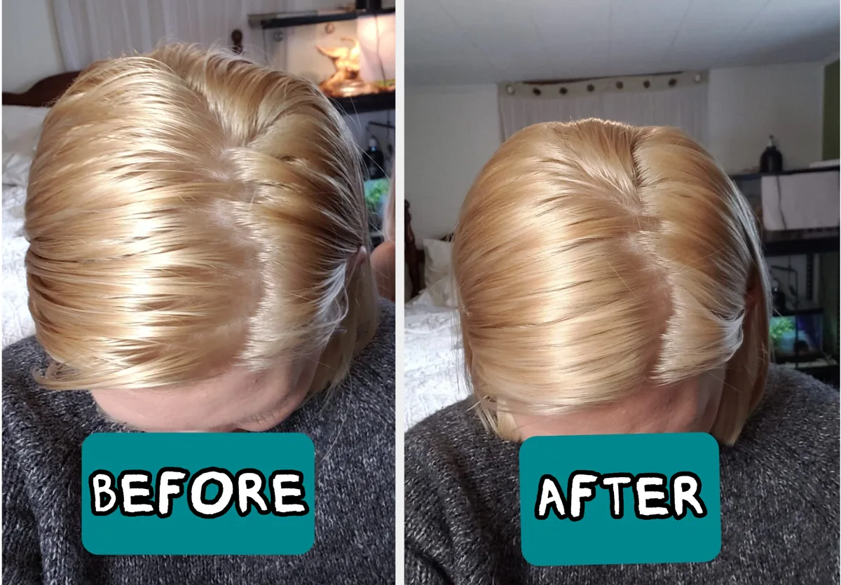 Hair before and after a dusting of I Dew Care Tap Secret dry shampoo powder