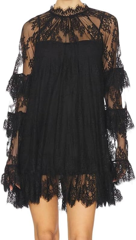 See Through Long Sleeve Lace Mini Dress Ruffle Layered