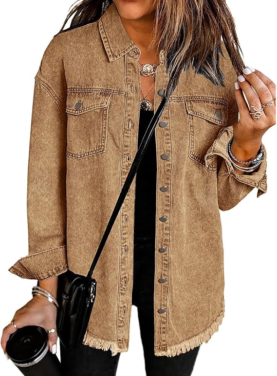 Oversized Button Up Frayed Hem Denim Shacket Jean Jacket