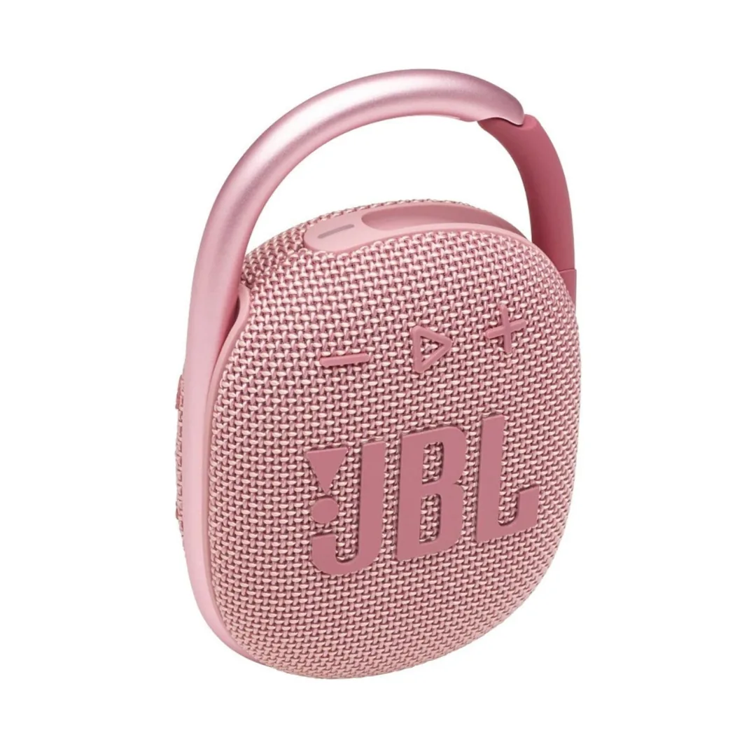 Pink JBL Clip portable speaker with a built-in carabiner
