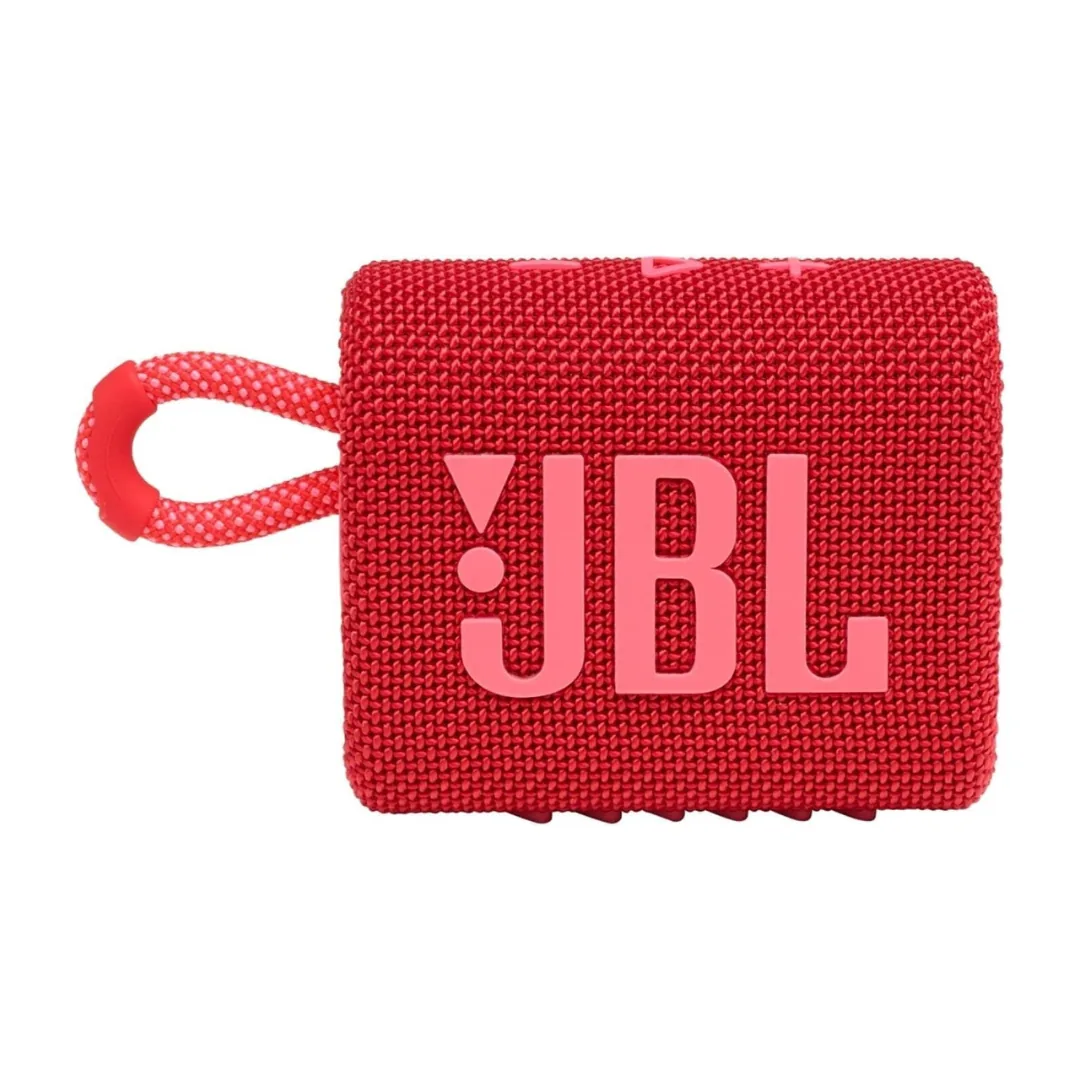 Small red JBL Go portable speaker with a fabric loop