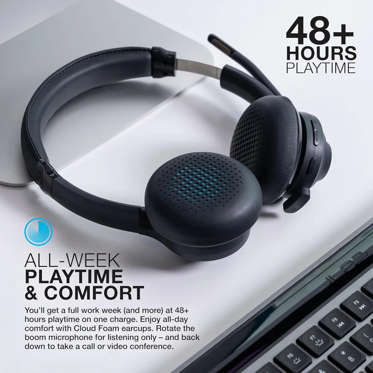 JLab Go Work wireless headset with a rotating boom mic resting beside a keyboard