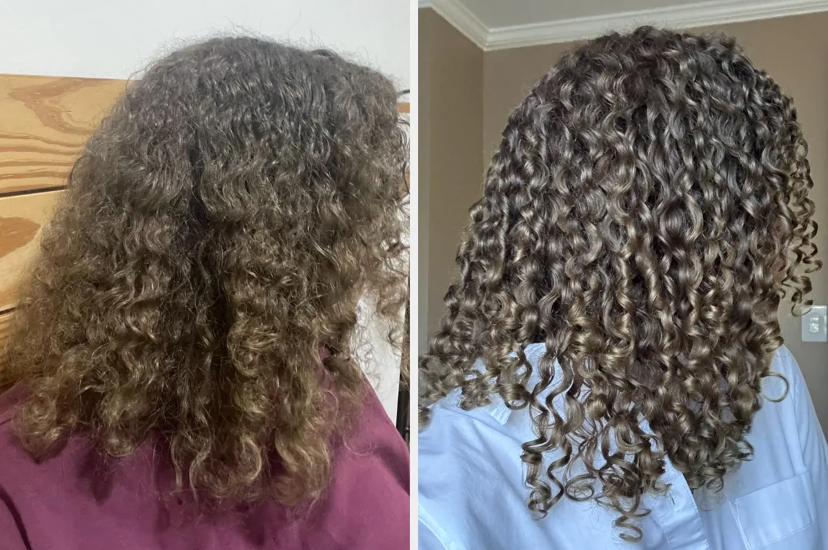 Curly hair shown before and after a K18 leave-in mask treatment