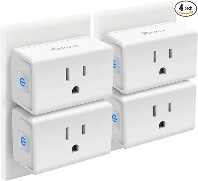 Four white Kasa mini smart plugs fitted into two wall outlets