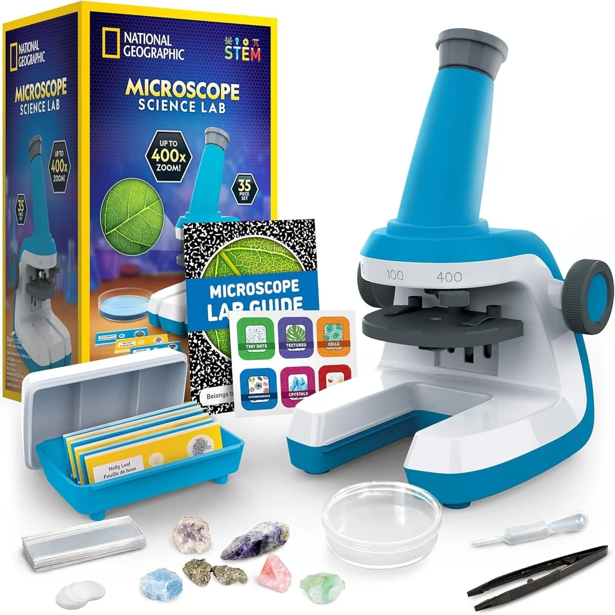 Blue and white kids microscope with slides, specimens and tweezers
