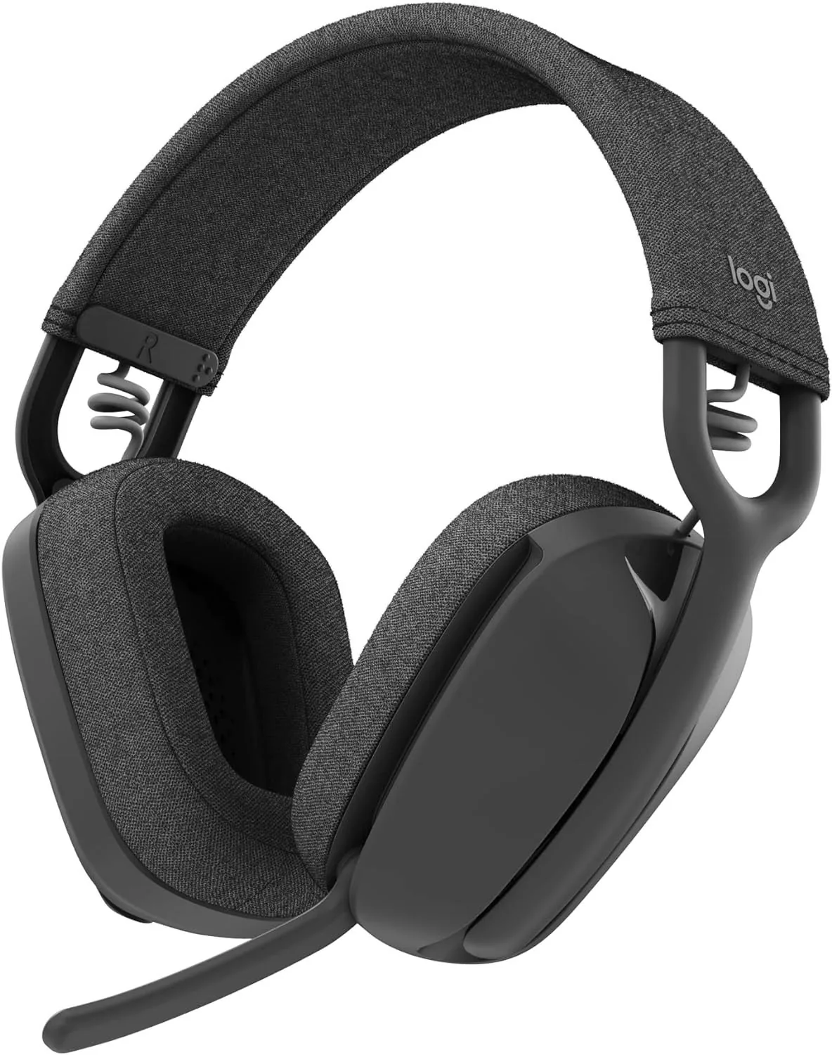 Graphite Logitech Zone Vibe wireless headphones with a fabric headband and flip-away mic