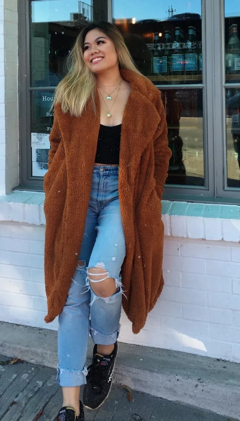 Knee-length caramel teddy coat with an open front and lapels