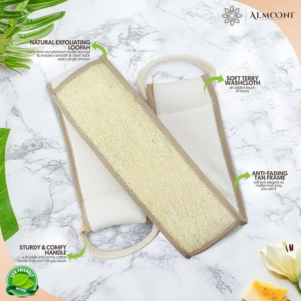 Loofah and terry washcloth back scrubber with rope handles on marble