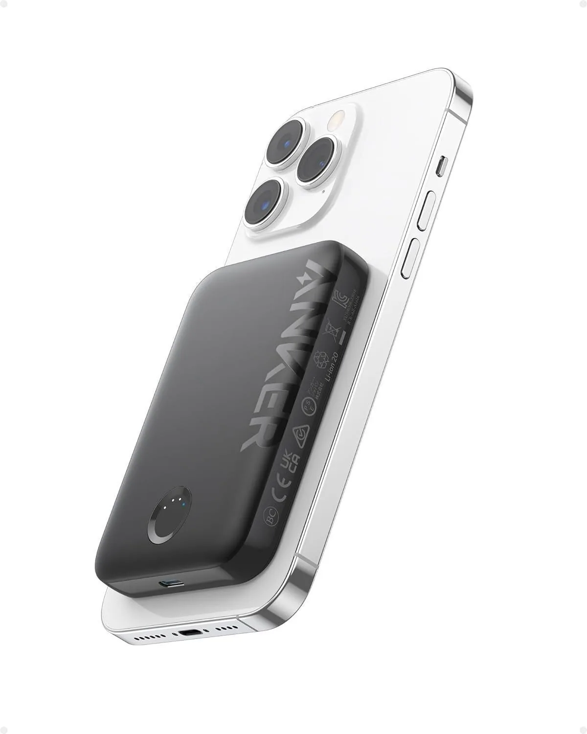 Black magnetic battery pack attached to the back of an iPhone