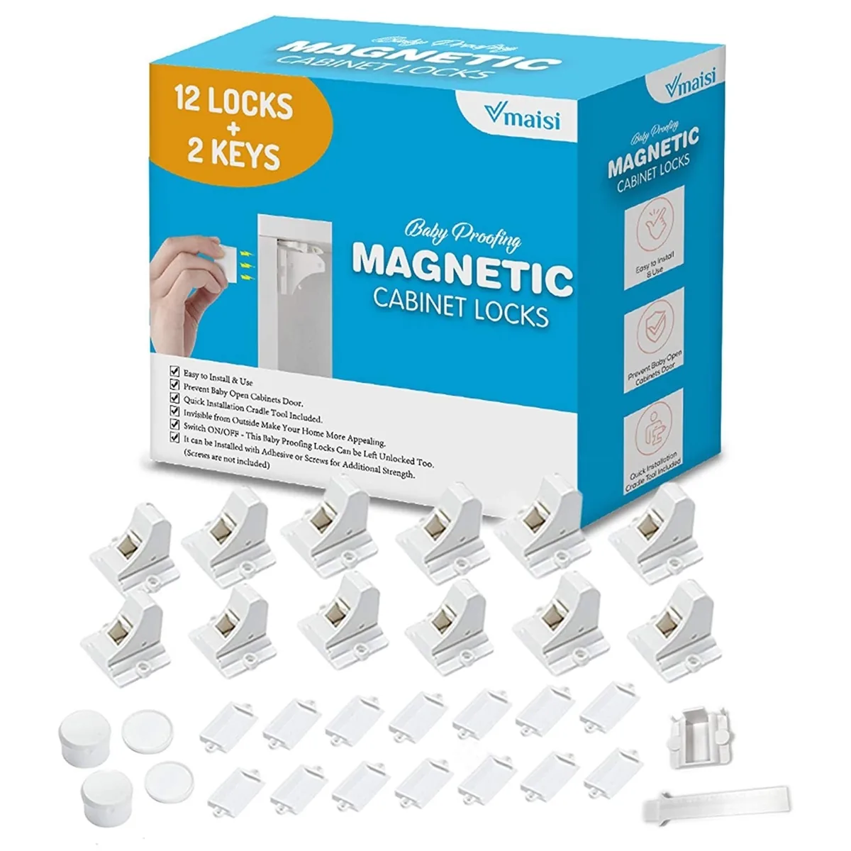 Set of white magnetic cabinet locks with keys