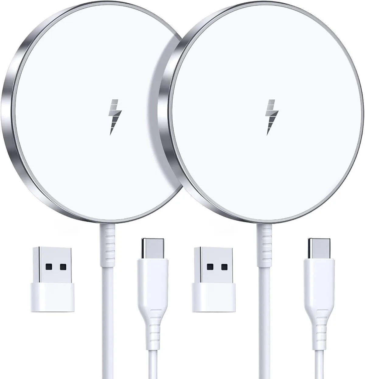 Two white magnetic wireless charging pads with cables and adapters