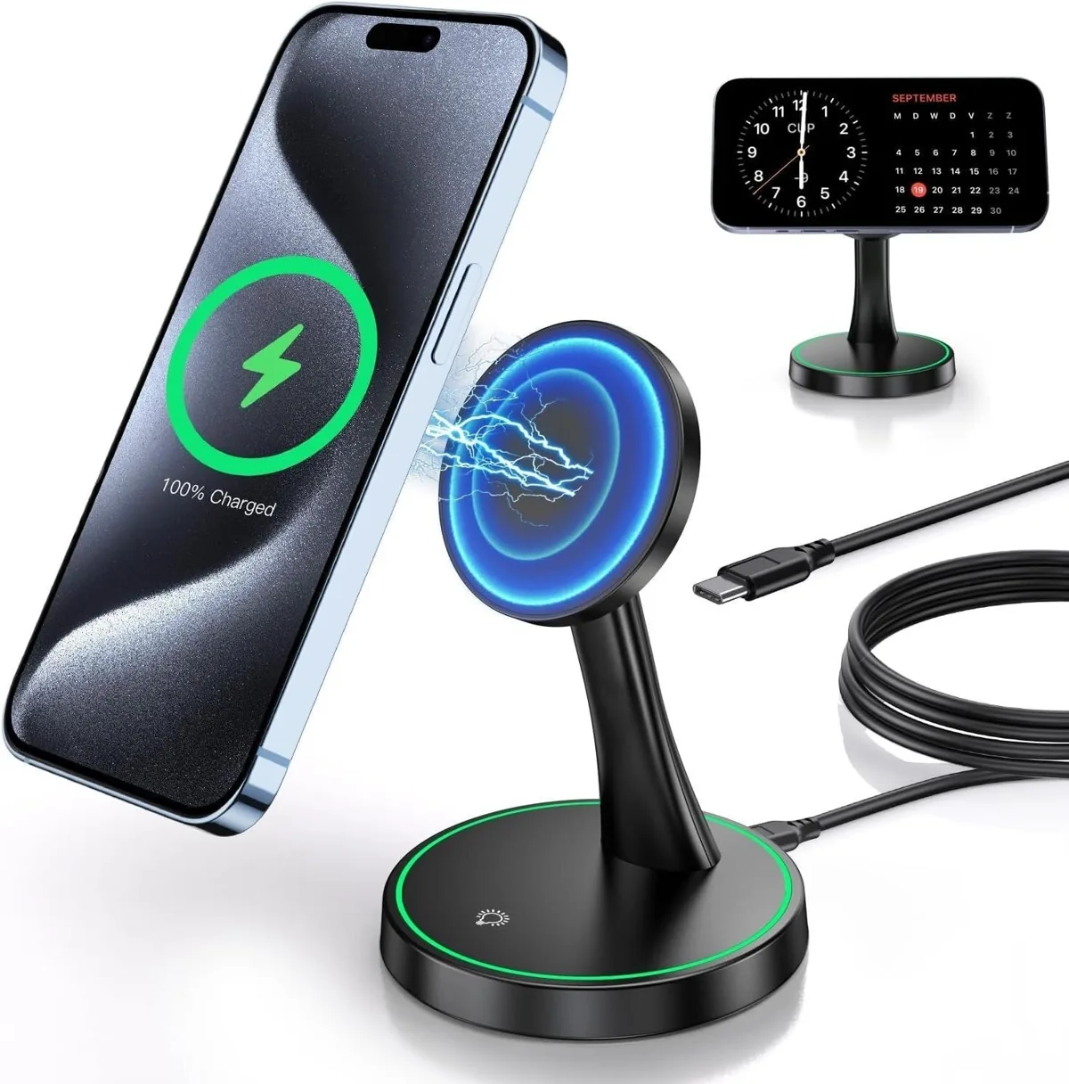 Magnetic wireless charger stand holding an iPhone above a base with an LED ring