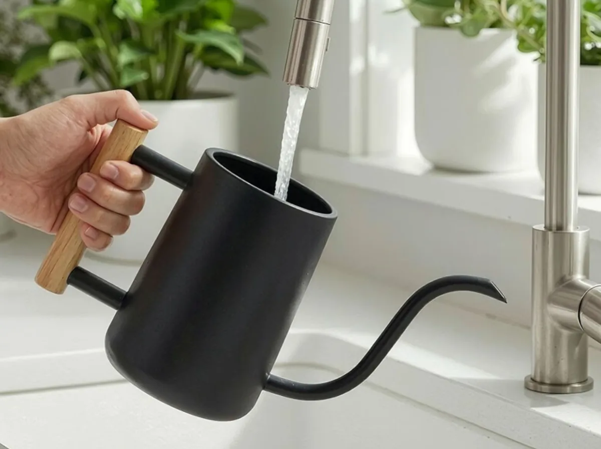 Matte black indoor watering can with a wooden handle being filled at a kitchen faucet
