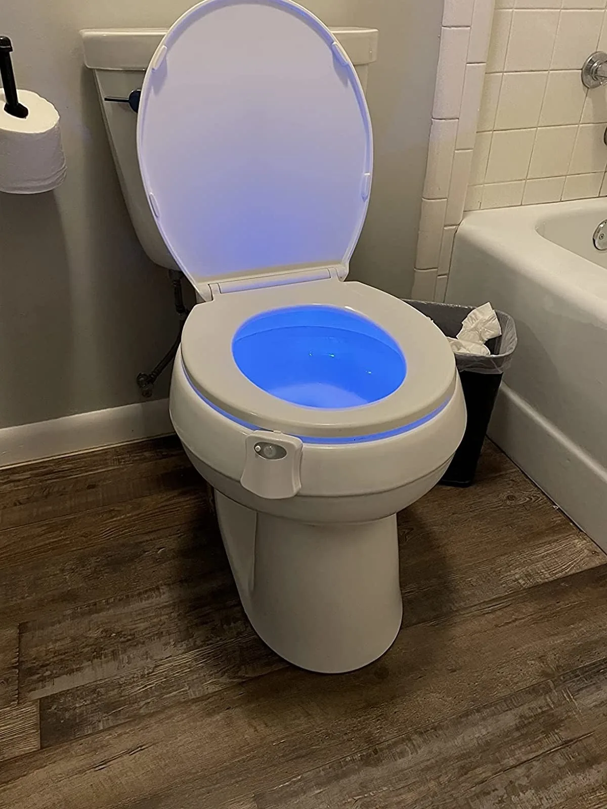 Toilet bowl glowing blue from a motion-sensor night light
