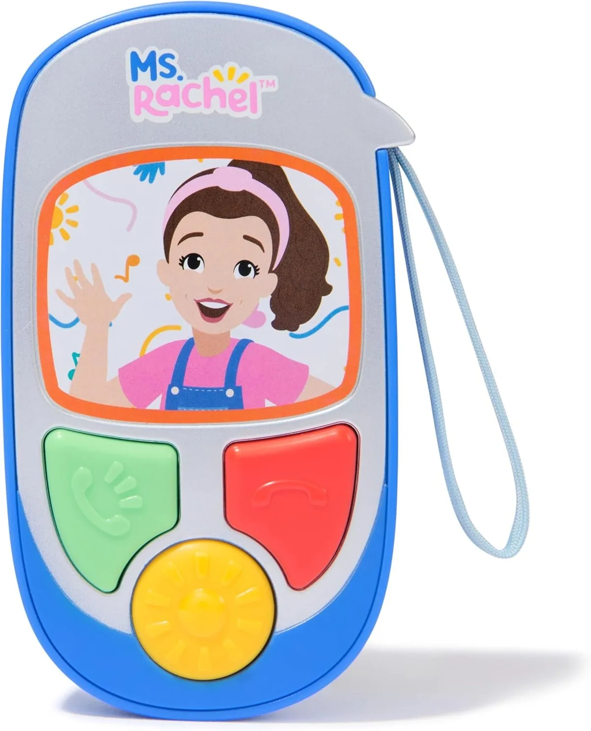 Toy phone with a smiling cartoon character on the screen and colorful buttons