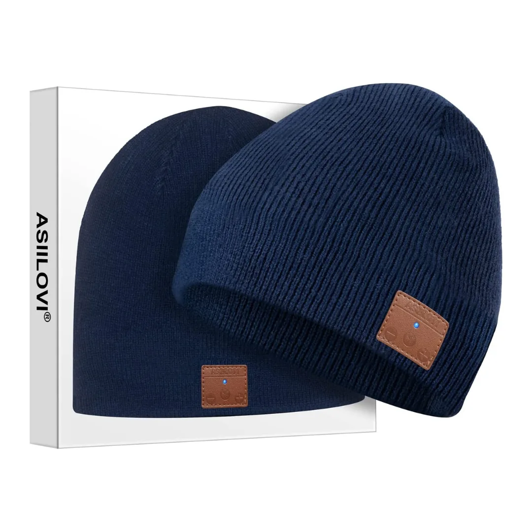 Navy knit Bluetooth beanie with built-in headphone controls