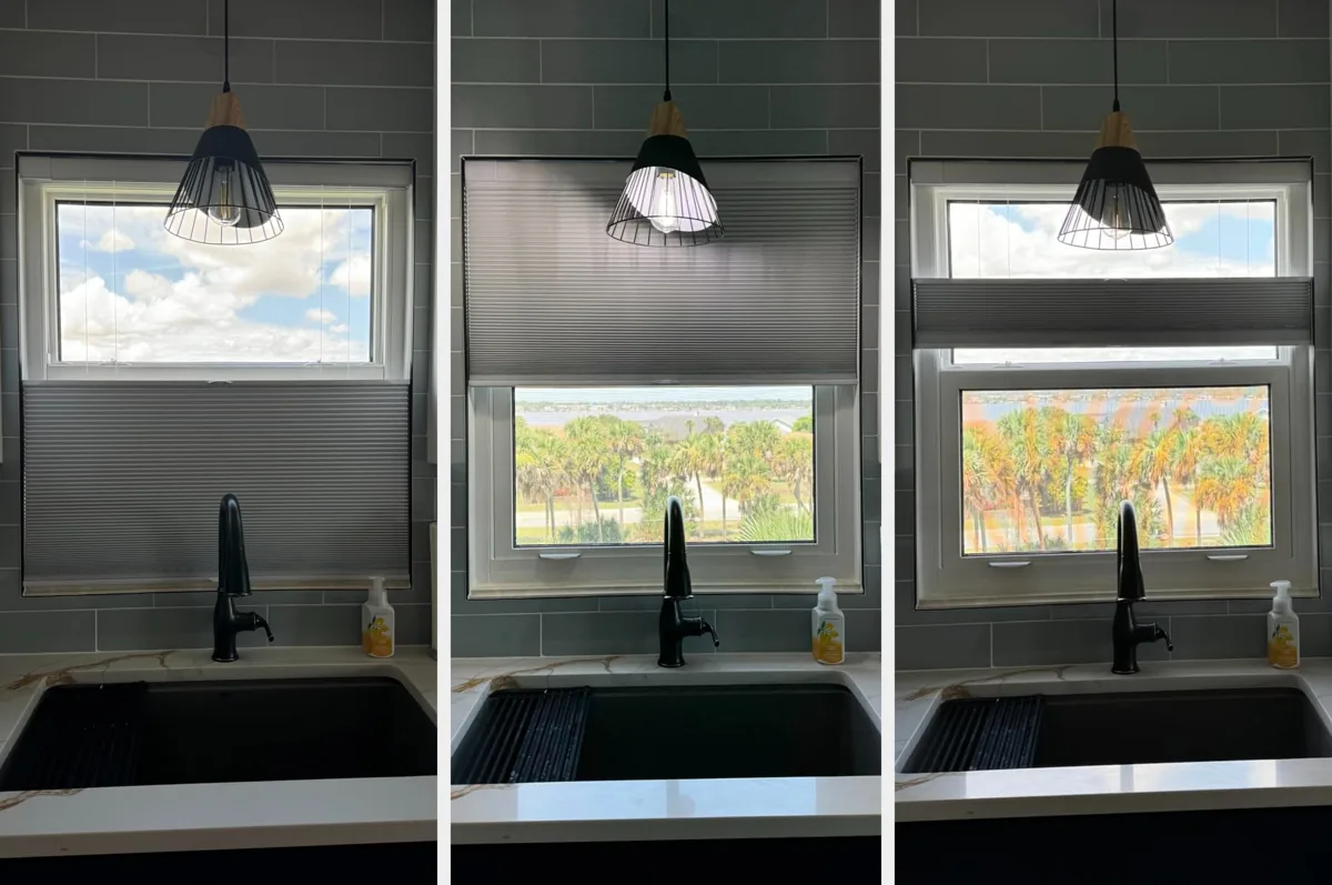 No-drill top-down bottom-up cellular shade shown in three positions over a kitchen window
