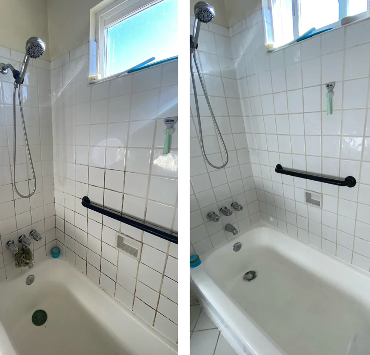 Shower tile with mildew stains next to the same tile cleaned with foaming mildew remover