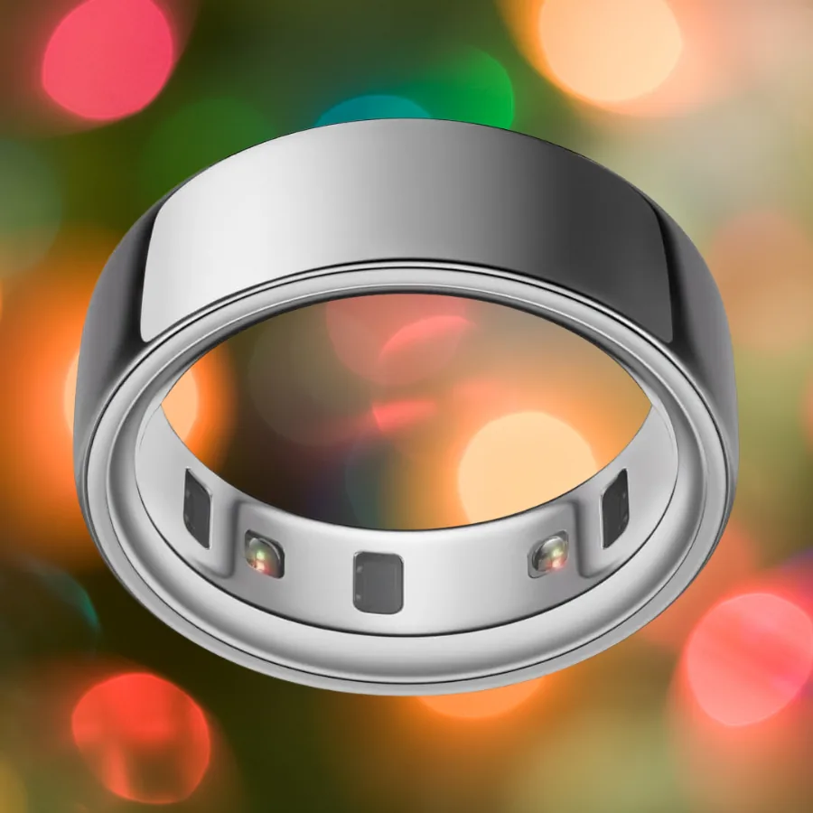 Silver Oura smart ring showing the sensors on the inside
